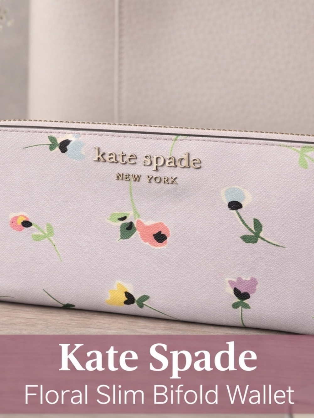 kate spade pastel floral slim bifold wallet - lavender with multicolor blooms